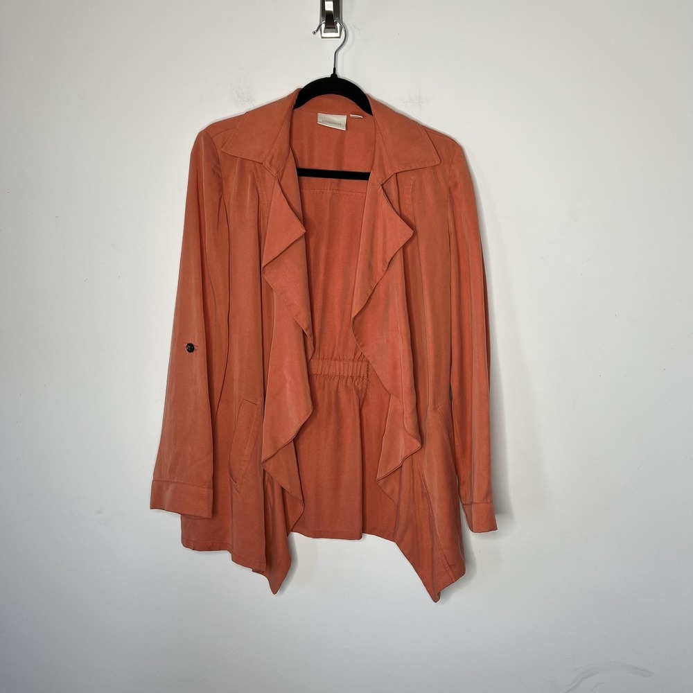 Chicos Jacket Womens Medium Orange‎ Lyocell Open Front Drape Waterfall Pockets